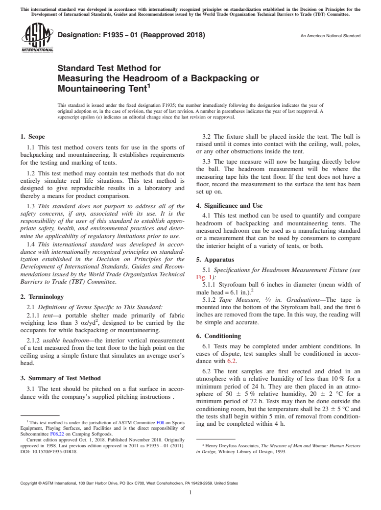 ASTM F1935-01(2018) - Standard Test Method for  Measuring the Headroom of a Backpacking or Mountaineering Tent