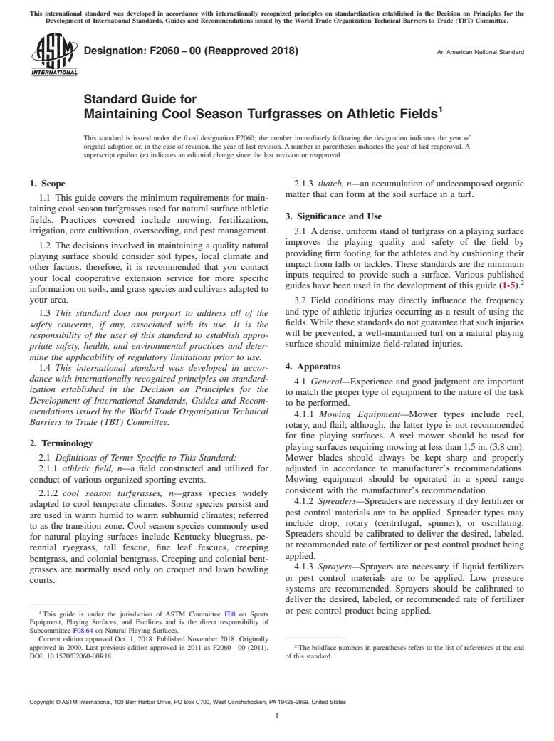 ASTM F2060-00(2018) - Standard Guide for  Maintaining Cool Season Turfgrasses on Athletic Fields