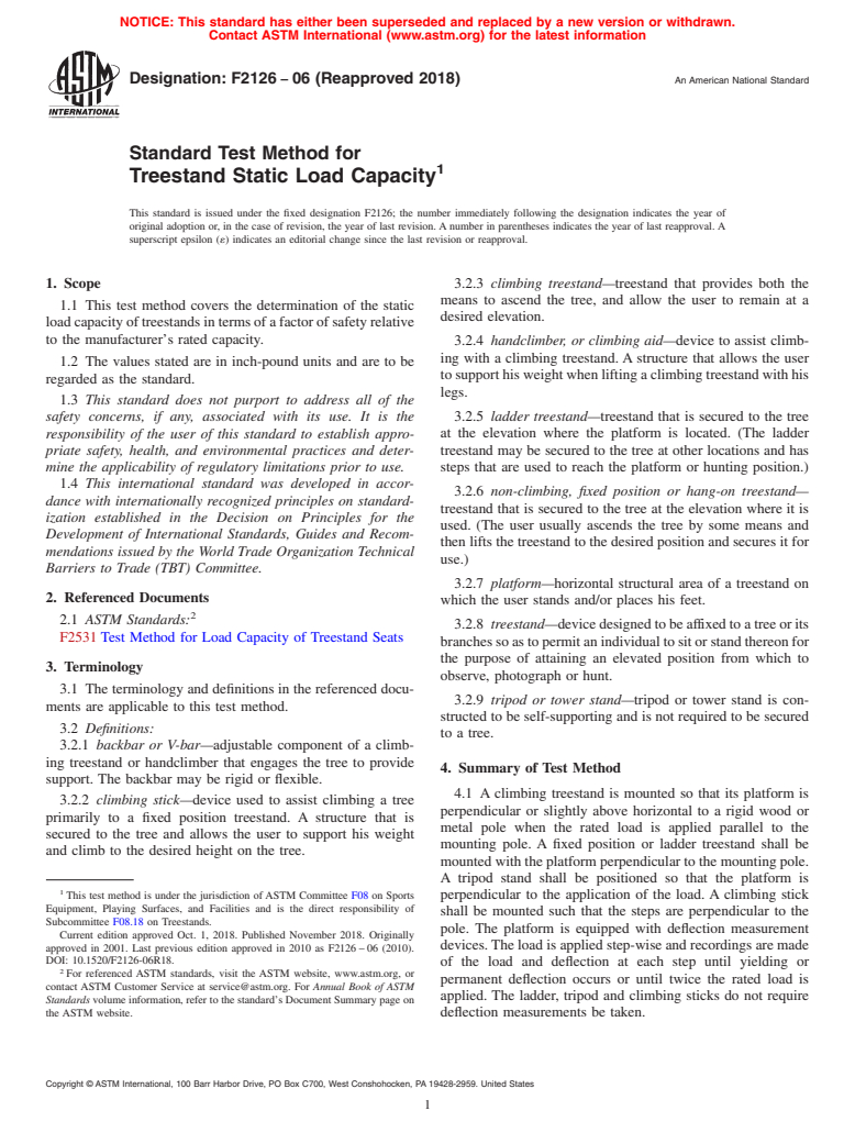 ASTM F2126-06(2018) - Standard Test Method for  Treestand Static Load Capacity (Withdrawn 2022)