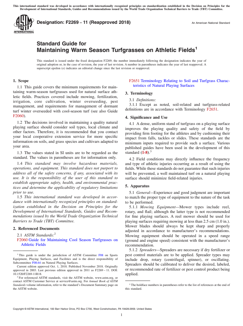 ASTM F2269-11(2018) - Standard Guide for  Maintaining Warm Season Turfgrasses on Athletic Fields