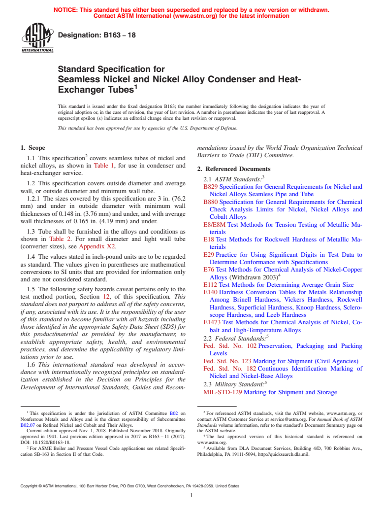 ASTM B163-18 - Standard Specification for Seamless Nickel and Nickel Alloy Condenser and Heat-Exchanger  Tubes