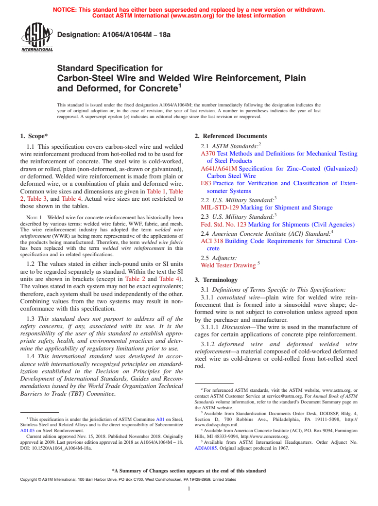 ASTM A1064/A1064M-18a - Standard Specification for  Carbon-Steel Wire and Welded Wire Reinforcement, Plain and  Deformed, for Concrete