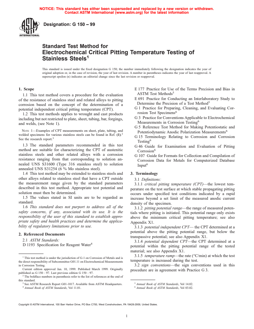 ASTM G150-99 - Standard Test Method for Electrochemical Critical Pitting Temperature Testing of Stainless Steels