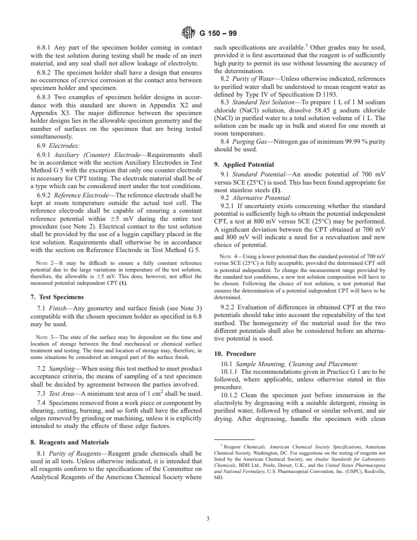 ASTM G150-99 - Standard Test Method for Electrochemical Critical Pitting Temperature Testing of Stainless Steels