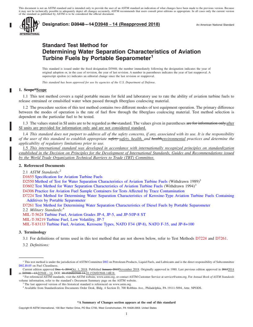 REDLINE ASTM D3948-14(2018) - Standard Test Method for Determining Water Separation Characteristics of Aviation Turbine   Fuels by Portable Separometer