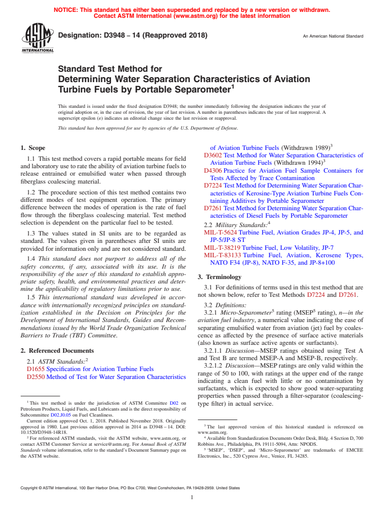 ASTM D3948-14(2018) - Standard Test Method for Determining Water Separation Characteristics of Aviation Turbine   Fuels by Portable Separometer