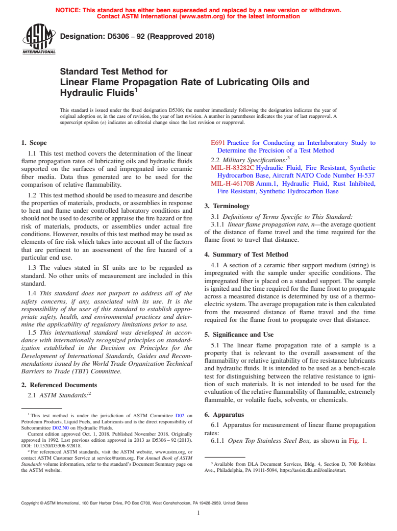 ASTM D5306-92(2018) - Standard Test Method for  Linear Flame Propagation Rate of Lubricating Oils and Hydraulic  Fluids