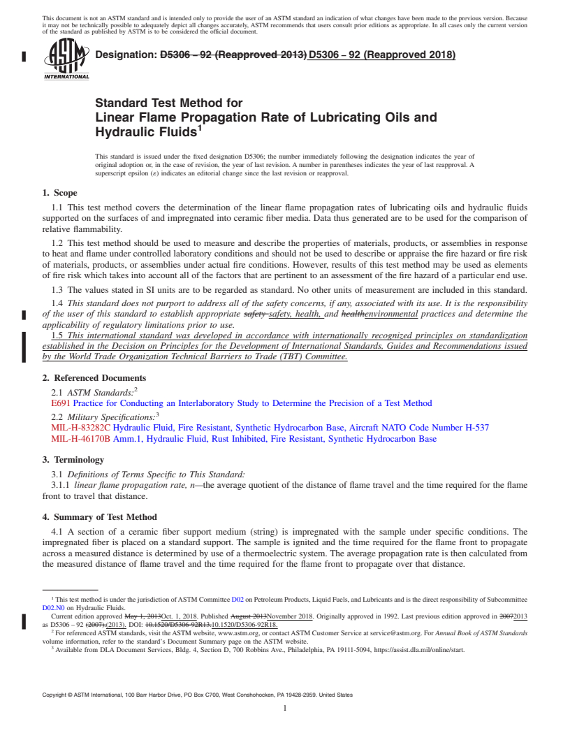 REDLINE ASTM D5306-92(2018) - Standard Test Method for  Linear Flame Propagation Rate of Lubricating Oils and Hydraulic  Fluids