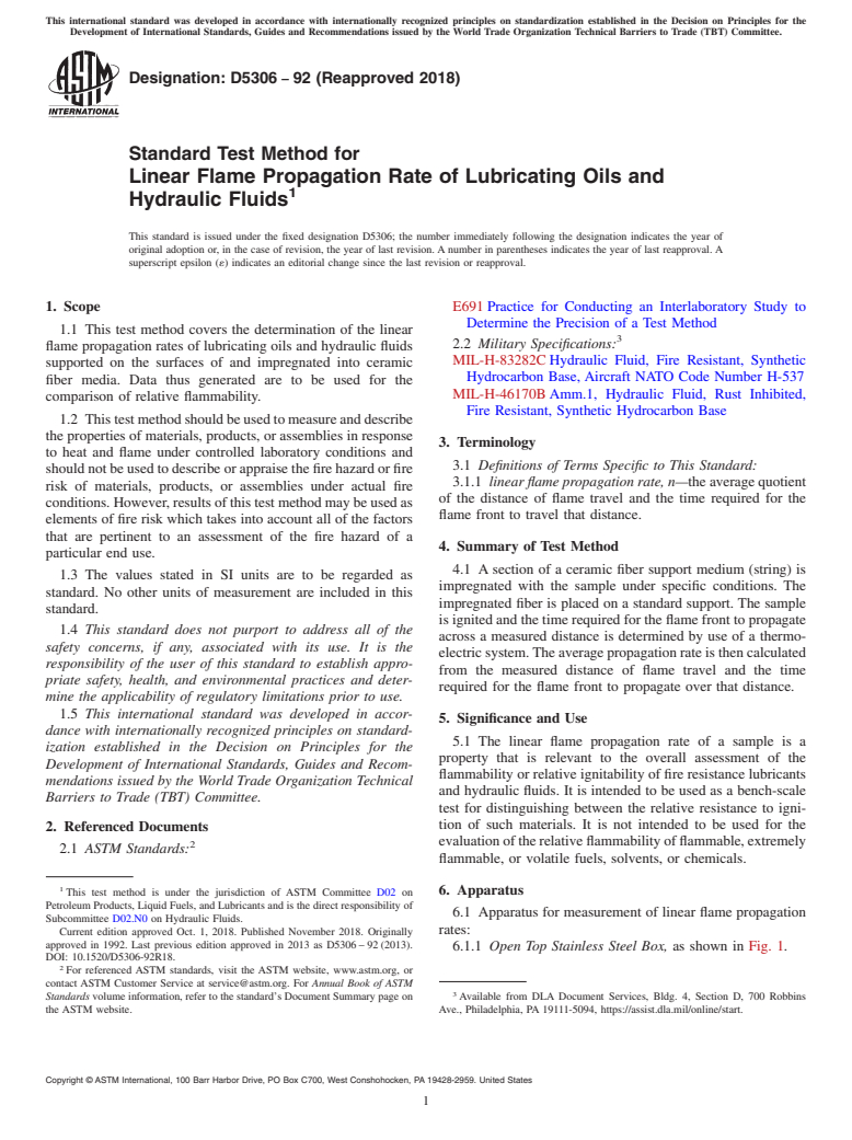 ASTM D5306-92(2018) - Standard Test Method for  Linear Flame Propagation Rate of Lubricating Oils and Hydraulic  Fluids