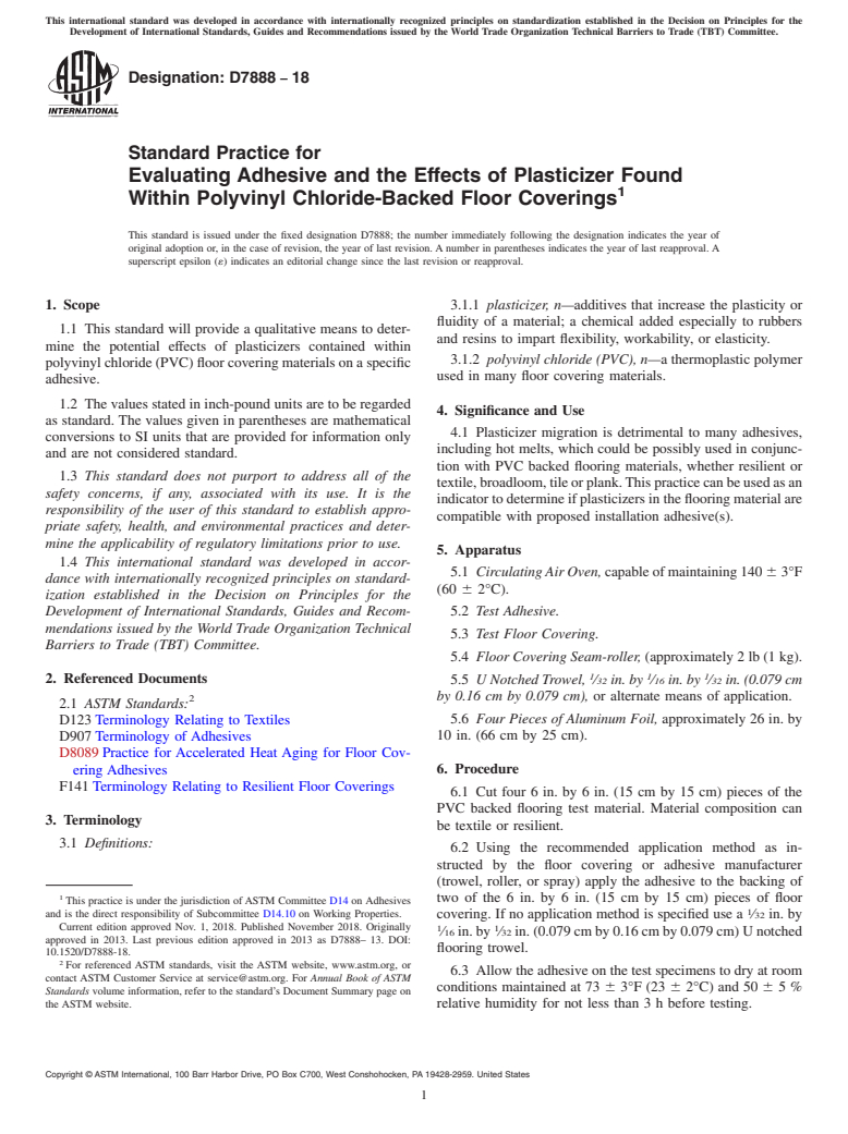 ASTM D7888-18 - Standard Practice for Evaluating Adhesive and the Effects of Plasticizer Found Within  Polyvinyl Chloride-Backed Floor Coverings