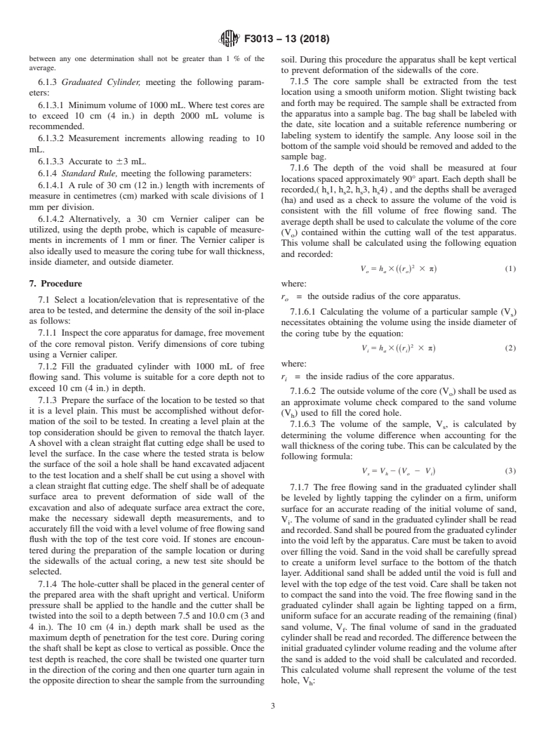 ASTM F3013-13(2018) - Standard Test Method for Density of Topsoil and Blended Soils In-place by the Core Displacement  Method