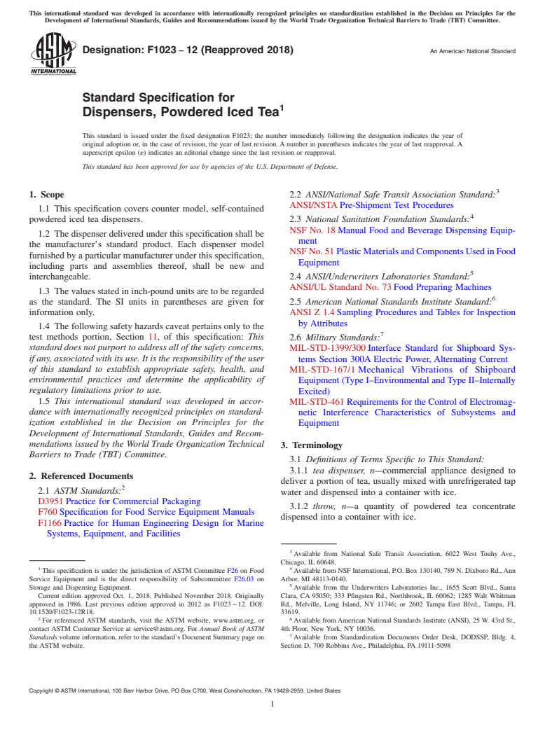 ASTM F1023-12(2018) - Standard Specification for  Dispensers, Powdered Iced Tea