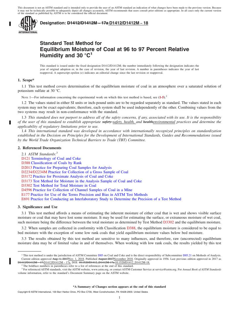 REDLINE ASTM D1412/D1412M-18 - Standard Test Method for  Equilibrium Moisture of Coal at 96 to 97 Percent Relative Humidity  and 30&#x2009;&#xb0;C