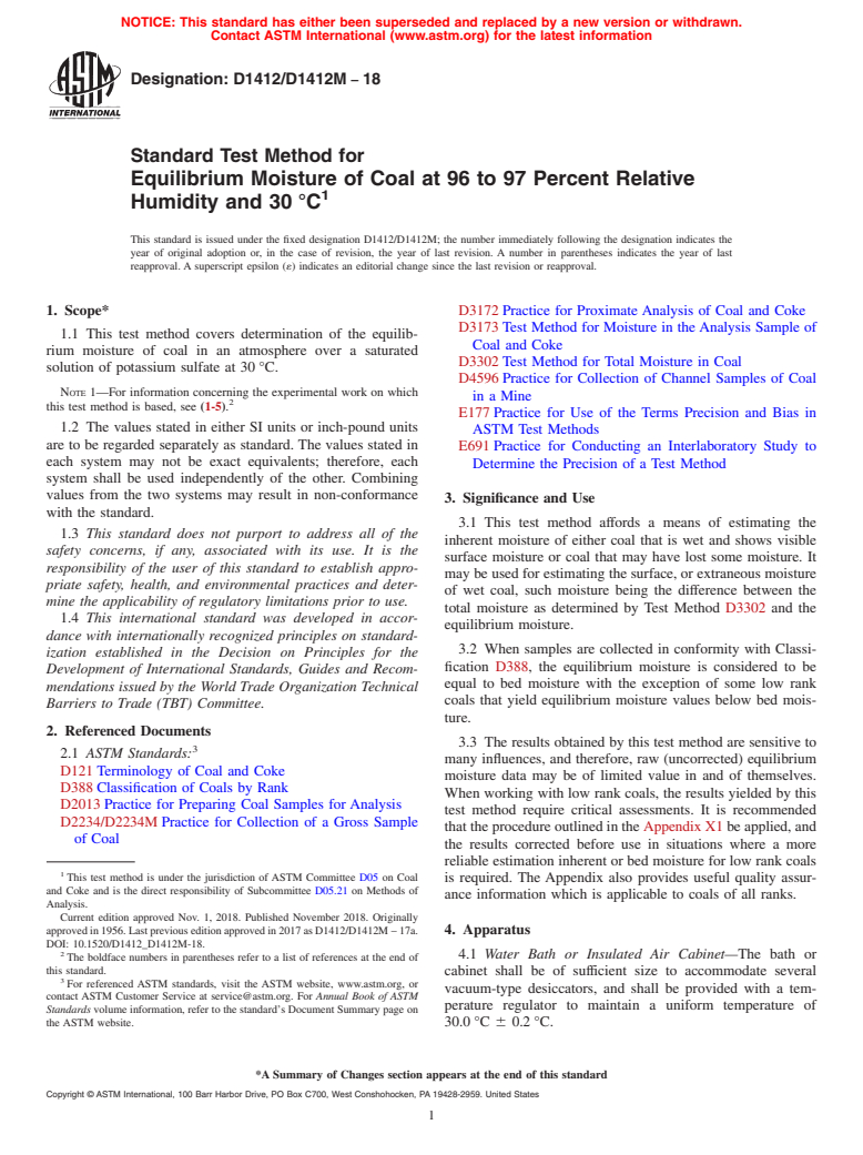 ASTM D1412/D1412M-18 - Standard Test Method for  Equilibrium Moisture of Coal at 96 to 97 Percent Relative Humidity  and 30&#x2009;&#xb0;C