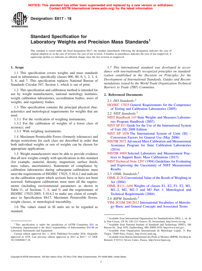 ASTM E617-18 - Standard Specification for Laboratory Weights and Precision Mass Standards