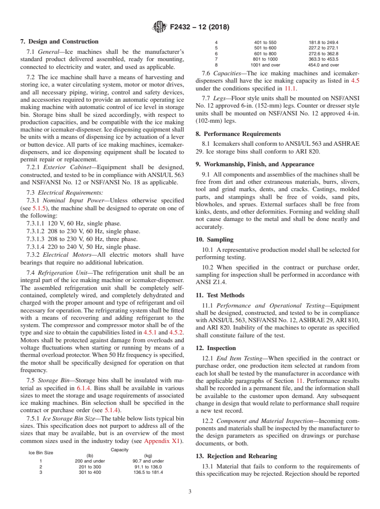 ASTM F2432-12(2018) - Standard Specification for  Ice Making Machines, Icemaker-Dispensers, and Ice Dispensing  Equipment