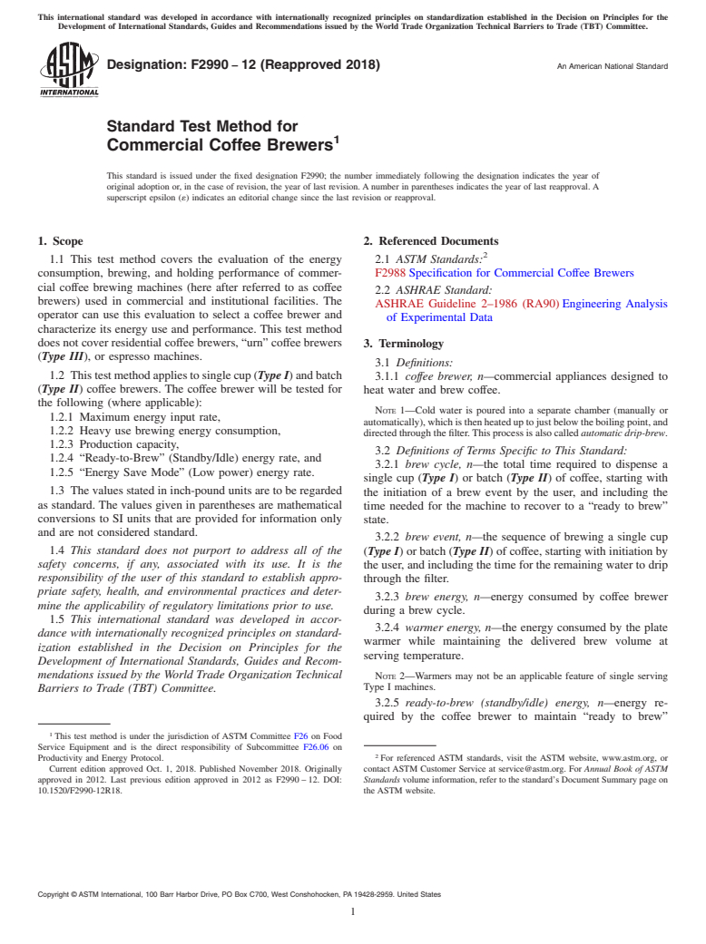 ASTM F2990-12(2018) - Standard Test Method for Commercial Coffee Brewers