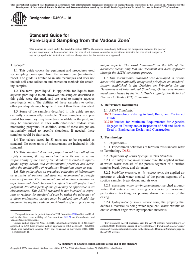 ASTM D4696-18 - Standard Guide for  Pore-Liquid Sampling from the Vadose Zone