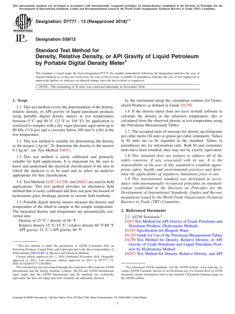 ASTM D7777-13(2018)e1 - Standard Test Method for Density, Relative Density, or API Gravity of Liquid Petroleum  by Portable Digital Density Meter