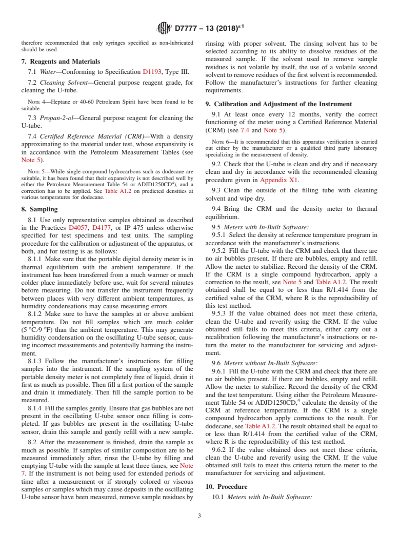 ASTM D7777-13(2018)e1 - Standard Test Method for Density, Relative Density, or API Gravity of Liquid Petroleum  by Portable Digital Density Meter