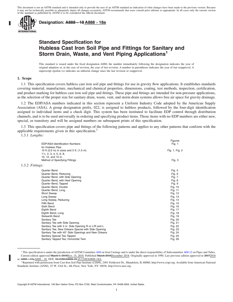 REDLINE ASTM A888-18a - Standard Specification for Hubless Cast Iron Soil Pipe and Fittings for Sanitary and Storm   Drain, Waste, and Vent Piping Applications