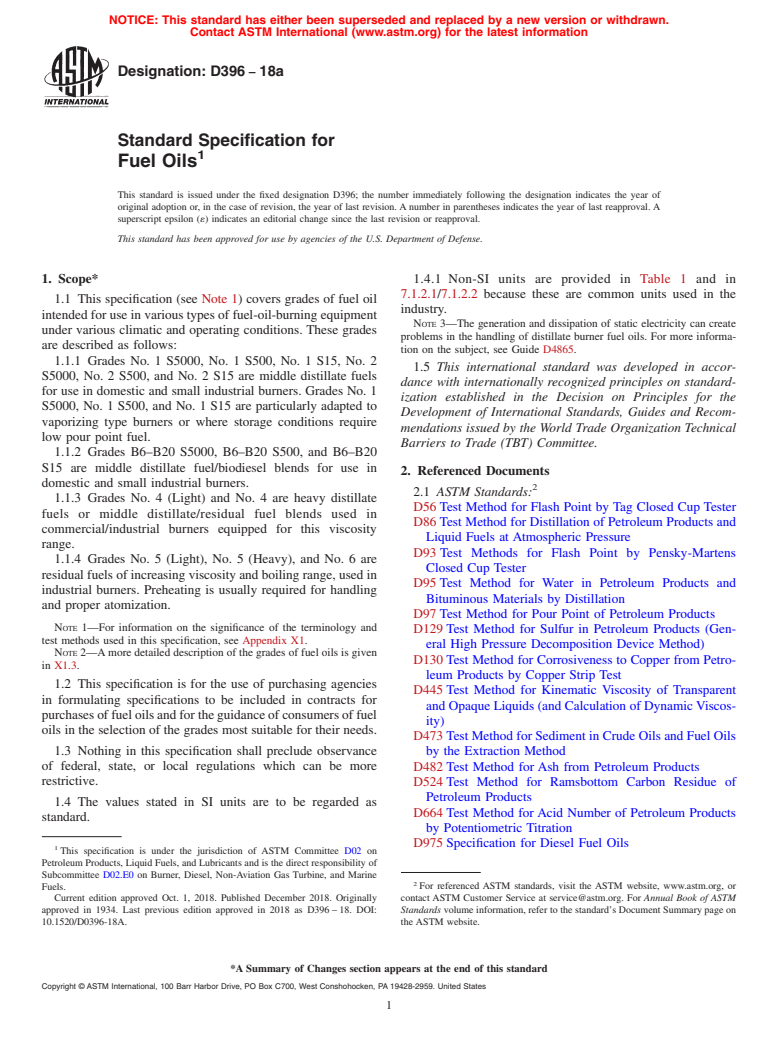 ASTM D396-18a - Standard Specification for  Fuel Oils