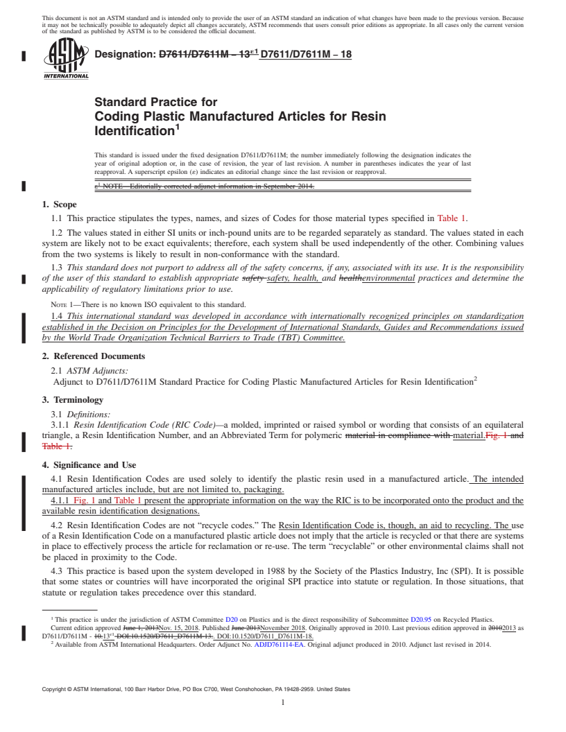 REDLINE ASTM D7611/D7611M-18 - Standard Practice for Coding Plastic Manufactured Articles for Resin Identification