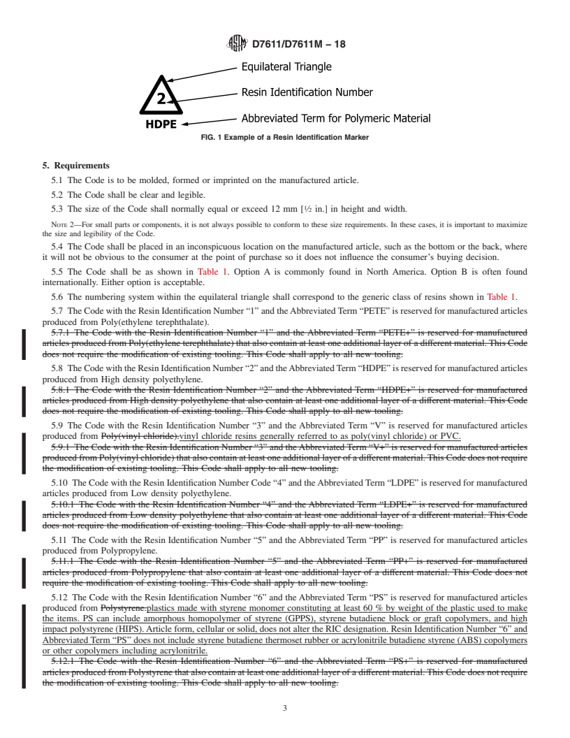 REDLINE ASTM D7611/D7611M-18 - Standard Practice for Coding Plastic Manufactured Articles for Resin Identification