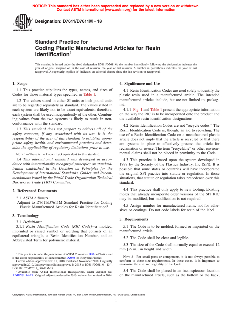 ASTM D7611/D7611M-18 - Standard Practice for Coding Plastic Manufactured Articles for Resin Identification