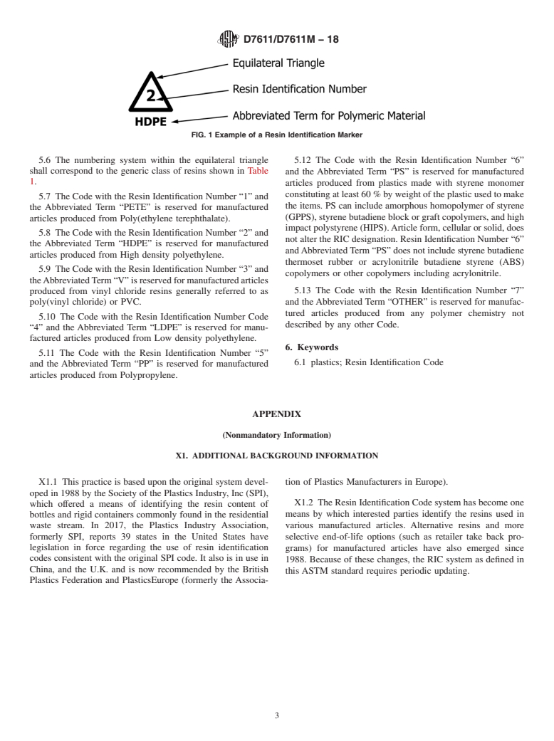 ASTM D7611/D7611M-18 - Standard Practice for Coding Plastic Manufactured Articles for Resin Identification