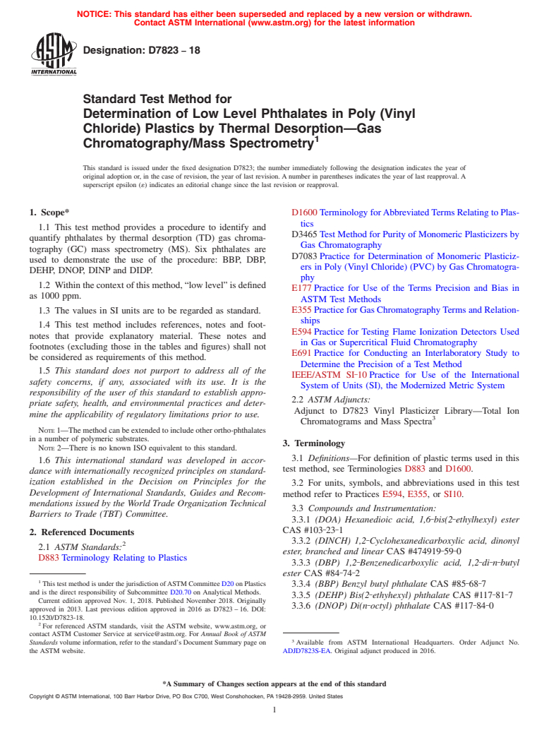 ASTM D7823-18 - Standard Test Method for Determination of Low Level Phthalates in Poly (Vinyl Chloride)  Plastics by Thermal Desorption&#x2014;Gas Chromatography/Mass Spectrometry