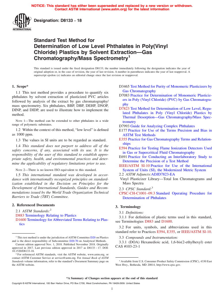 ASTM D8133-18 - Standard Test Method for Determination of Low Level Phthalates in Poly(Vinyl Chloride)  Plastics by Solvent Extraction&#x2014;Gas Chromatography/Mass Spectrometry