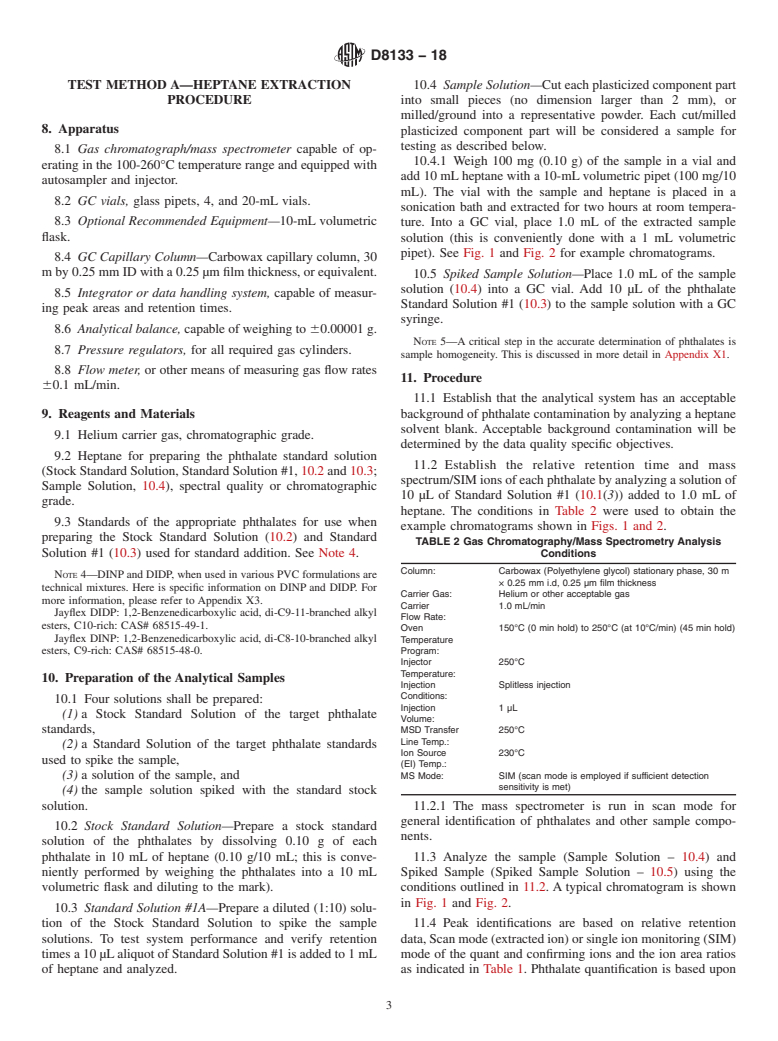 ASTM D8133-18 - Standard Test Method for Determination of Low Level Phthalates in Poly(Vinyl Chloride)  Plastics by Solvent Extraction&#x2014;Gas Chromatography/Mass Spectrometry