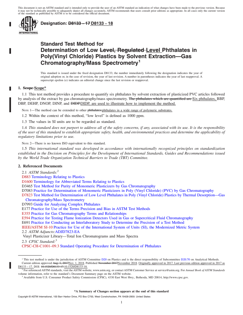 REDLINE ASTM D8133-18 - Standard Test Method for Determination of Low Level Phthalates in Poly(Vinyl Chloride)  Plastics by Solvent Extraction&#x2014;Gas Chromatography/Mass Spectrometry