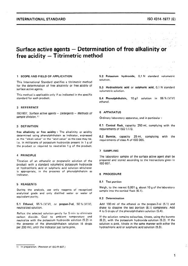 ISO 4314:1977 - Surface active agents -- Determination of free alkalinity or free acidity -- Titrimetric method