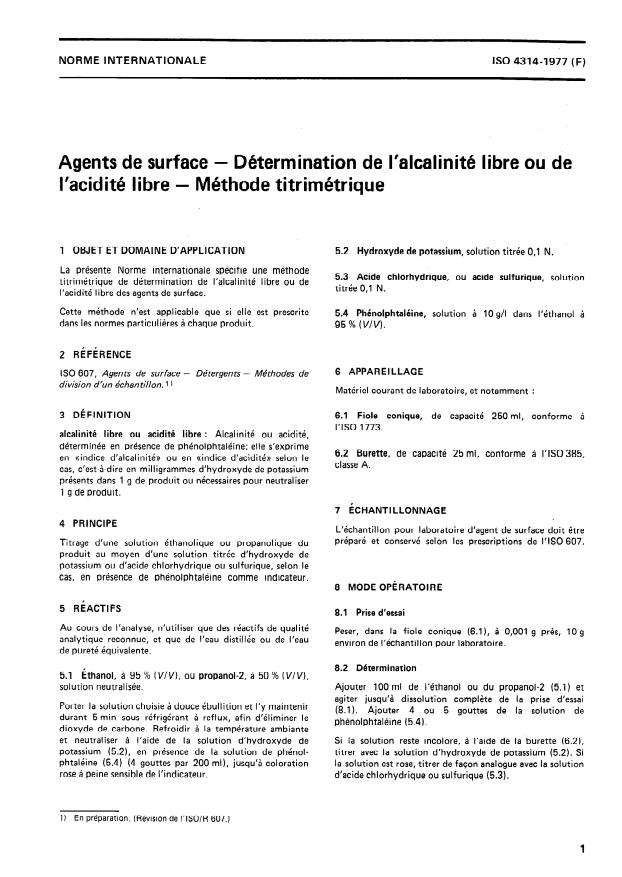 ISO 4314:1977 - Agents de surface -- Détermination de l'alcalinité libre ou de l'acidité libre -- Méthode titrimétrique