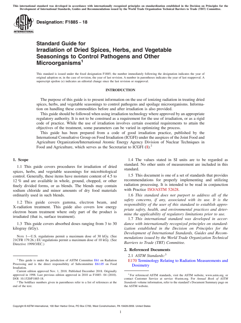 ASTM F1885-18 - Standard Guide for  Irradiation of Dried Spices, Herbs, and Vegetable Seasonings  to Control Pathogens and Other Microorganisms