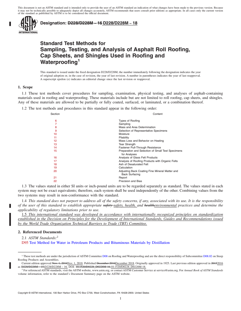 REDLINE ASTM D228/D228M-18 - Standard Test Methods for  Sampling, Testing, and Analysis of Asphalt Roll Roofing, Cap   Sheets, and Shingles Used in Roofing and Waterproofing