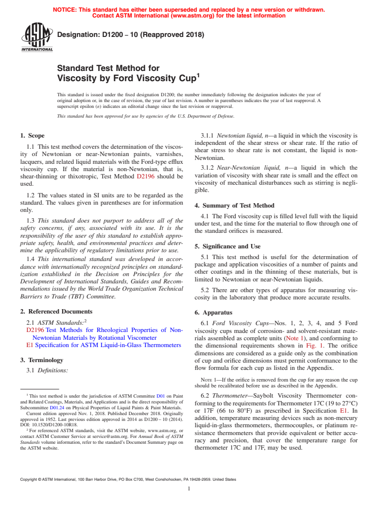 ASTM D1200-10(2018) - Standard Test Method for Viscosity by Ford Viscosity Cup