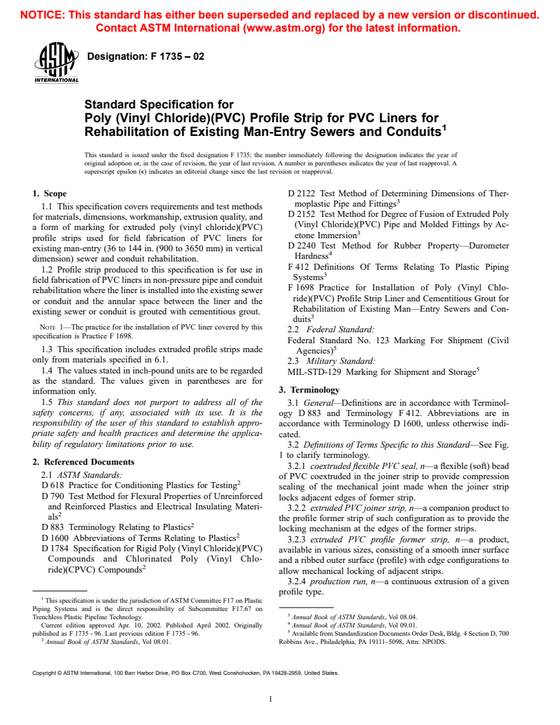 ASTM F1735-02 - Standard Specification for Poly (Vinyl Chloride) (PVC) Profile Strip for PVC Liners for Rehabilitation of Existing Man-Entry Sewers and Conduits