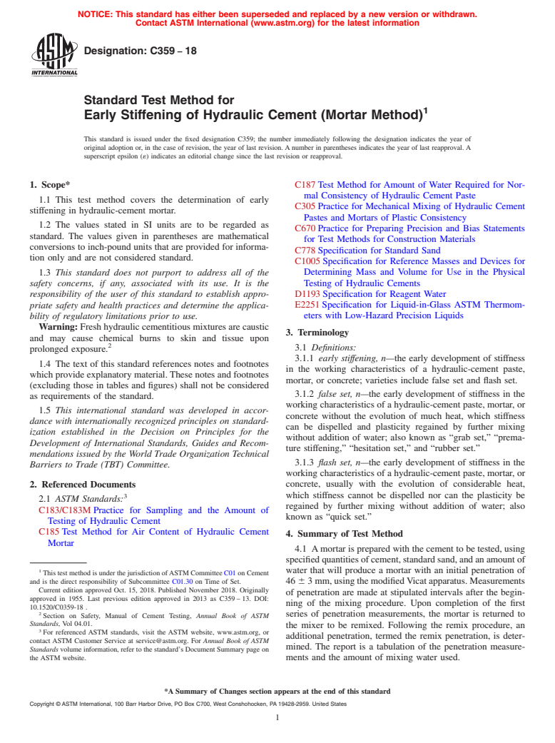 ASTM C359-18 - Standard Test Method for  Early Stiffening of Hydraulic Cement (Mortar Method)