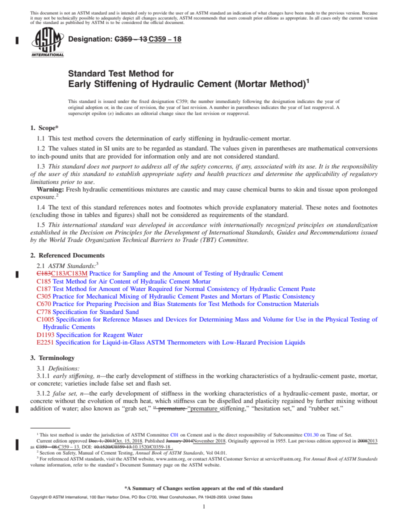 REDLINE ASTM C359-18 - Standard Test Method for  Early Stiffening of Hydraulic Cement (Mortar Method)