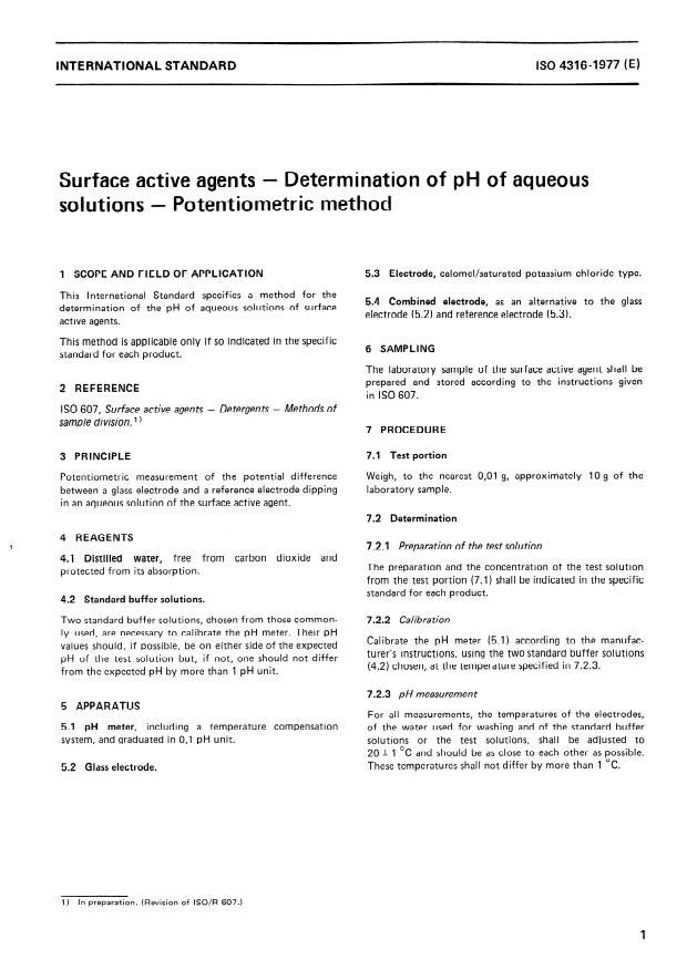 ISO 4316:1977 - Surface active agents -- Determination of pH of aqueous solutions -- Potentiometric method