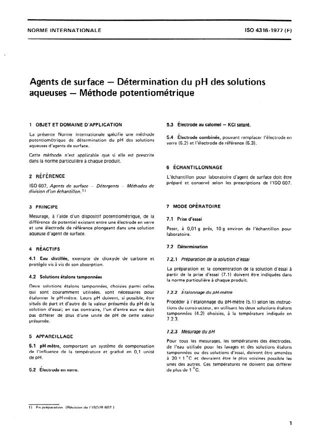 ISO 4316:1977 - Agents de surface -- Détermination du pH des solutions aqueuses -- Méthode potentiométrique