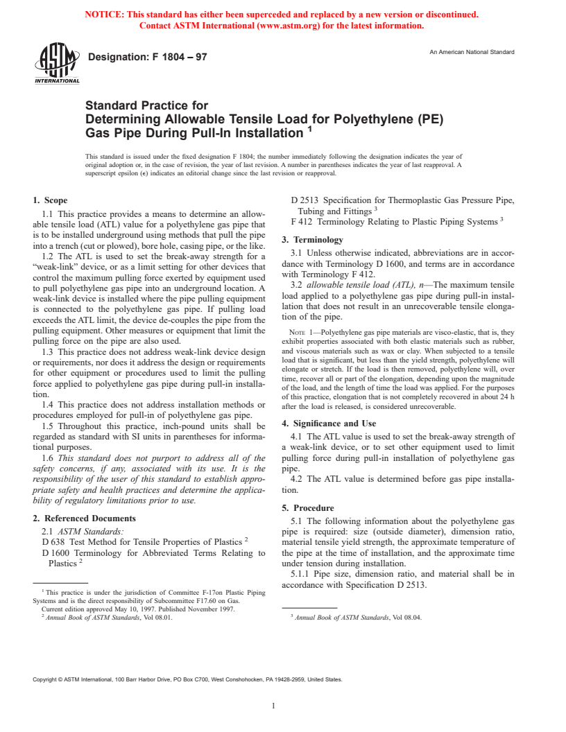 ASTM F1804-97 - Standard Practice for Determining Allowable Tensile Load for Polyethylene (PE) Gas Pipe During Pull-In Installation