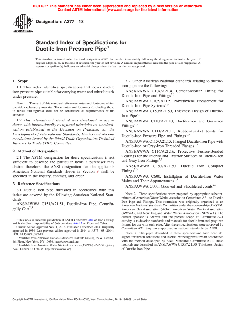 ASTM A377-18 - Standard Index of Specifications for  Ductile Iron Pressure Pipe