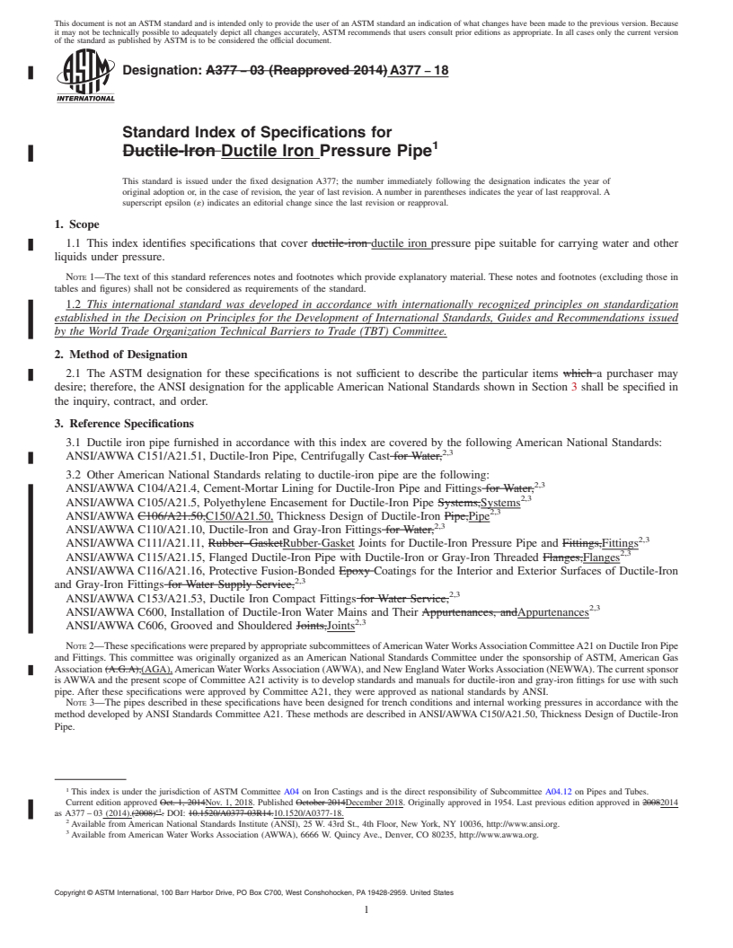 REDLINE ASTM A377-18 - Standard Index of Specifications for  Ductile Iron Pressure Pipe