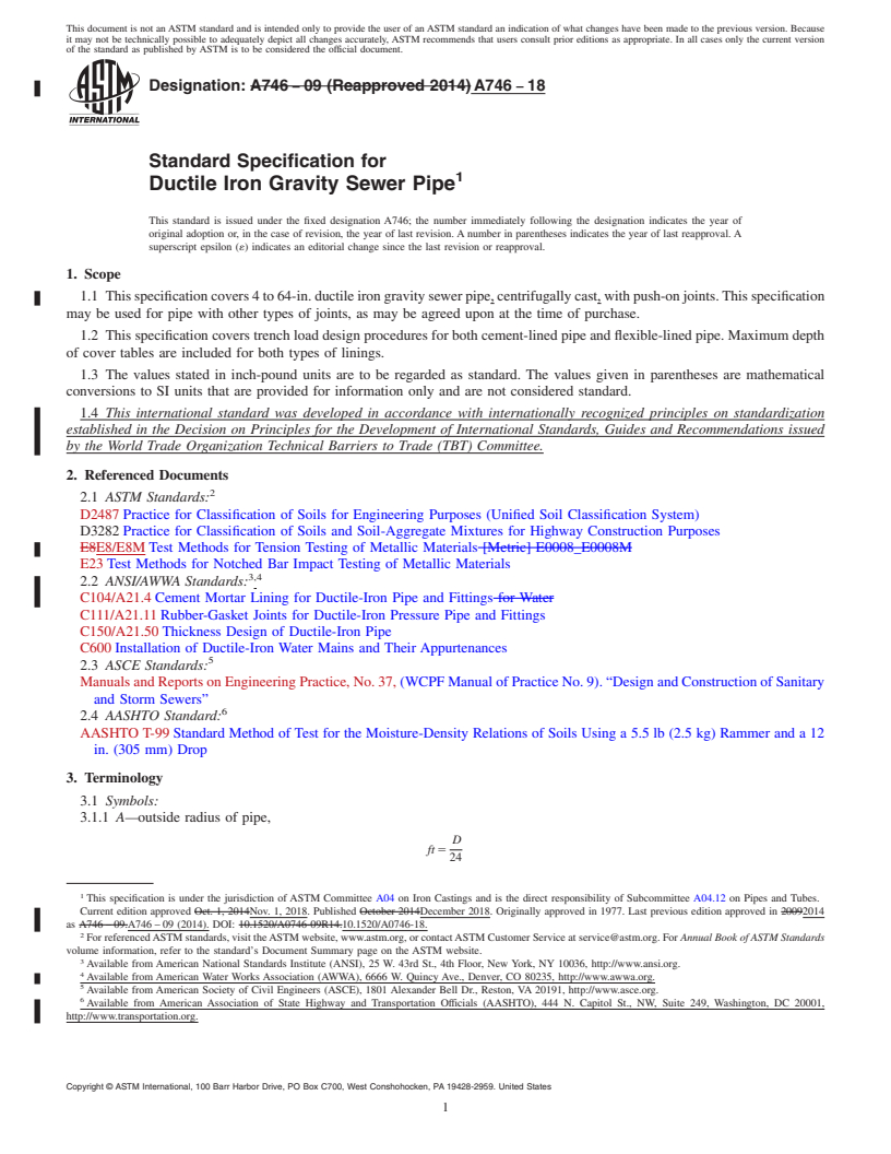 REDLINE ASTM A746-18 - Standard Specification for  Ductile Iron Gravity Sewer Pipe