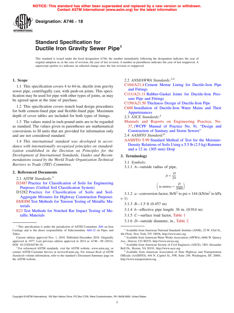 ASTM A746-18 - Standard Specification for  Ductile Iron Gravity Sewer Pipe