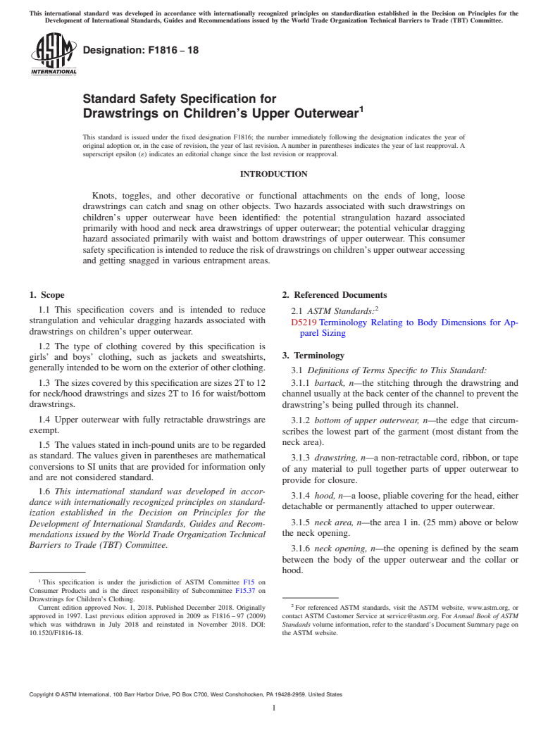 ASTM F1816-18 - Standard Safety Specification for  Drawstrings on Children&apos;s Upper Outerwear